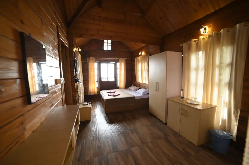 Inside a wooden villa